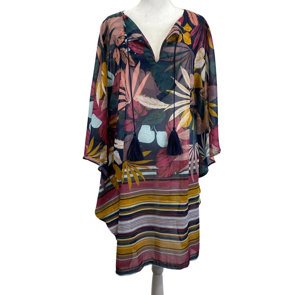 TOUCHE BALNEAIRE Dress Swim Cover Up Tropical Kaftan Palm Leaves Resort Wear - S